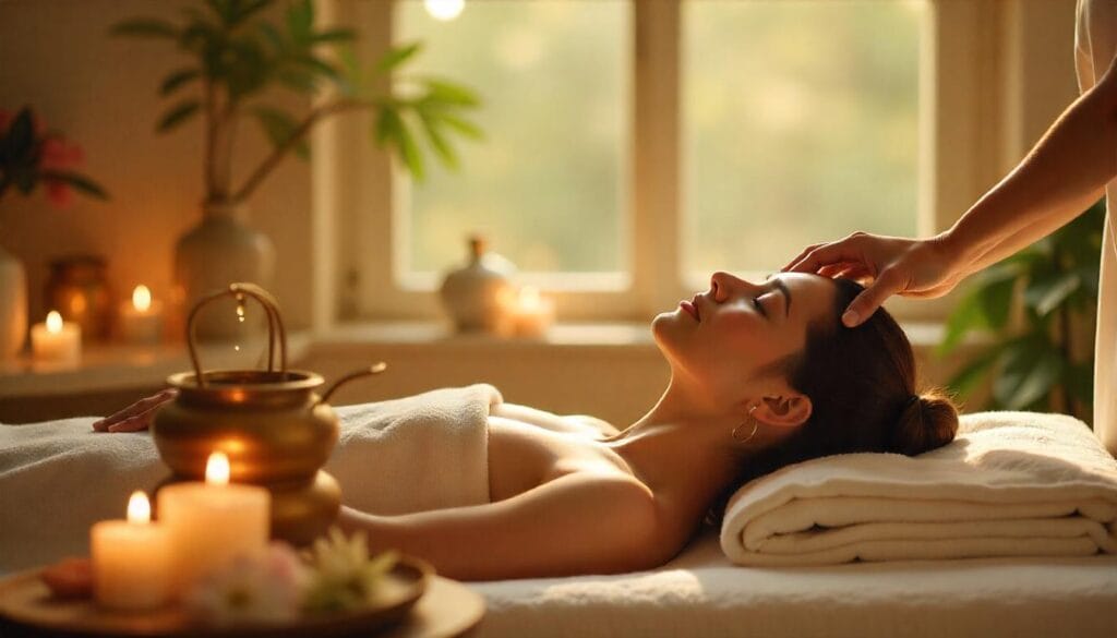 A peaceful Ayurvedic therapy room showing Panchakarma healing with Shirodhara, herbs, and symbolic representations of five detox therapies.
